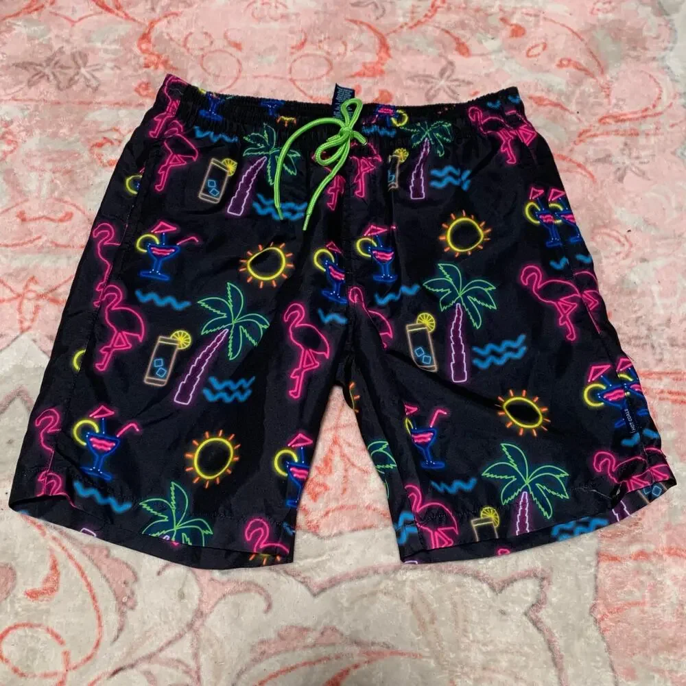 Hot Coals Swim Shorts Small Flamingo Palm Tree Sun black neon pink green drinks